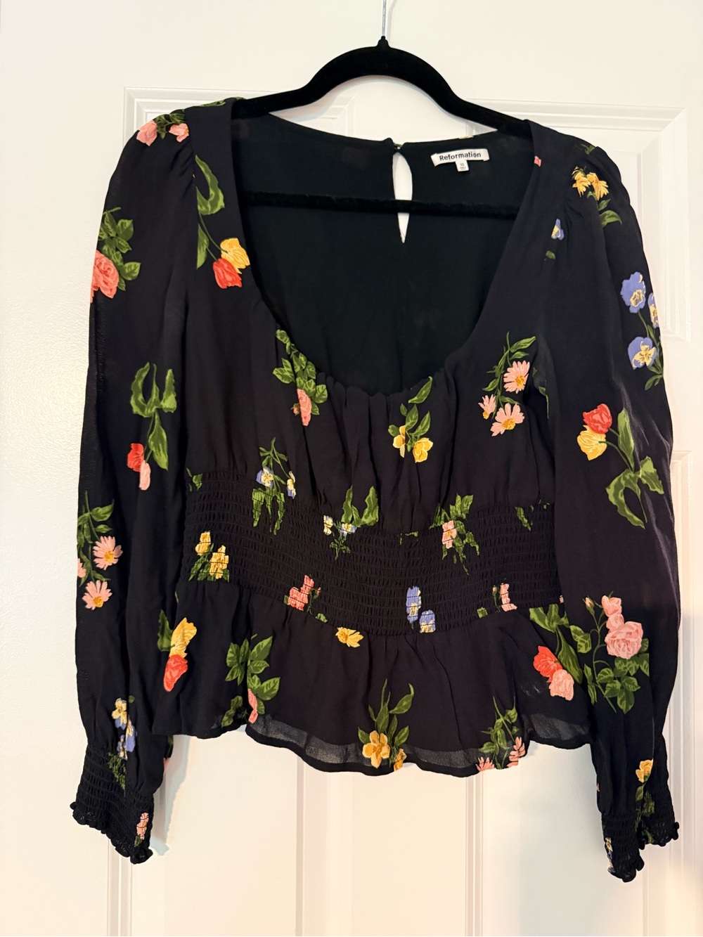 Reformation Black Floral Smocked-Waist Puff-Sleeve Blouse